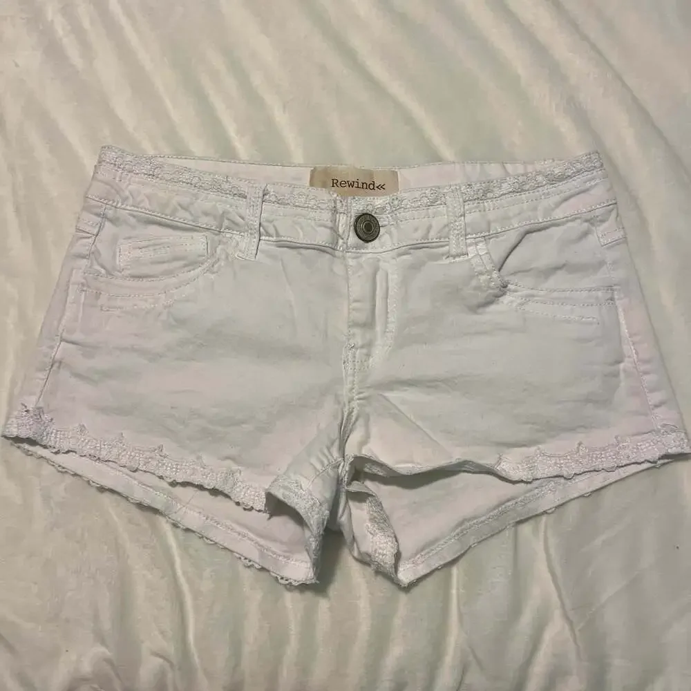 Rewind Low Rise Lace Trim White Denim Micro Mini Shorts - Picture 1 of 5